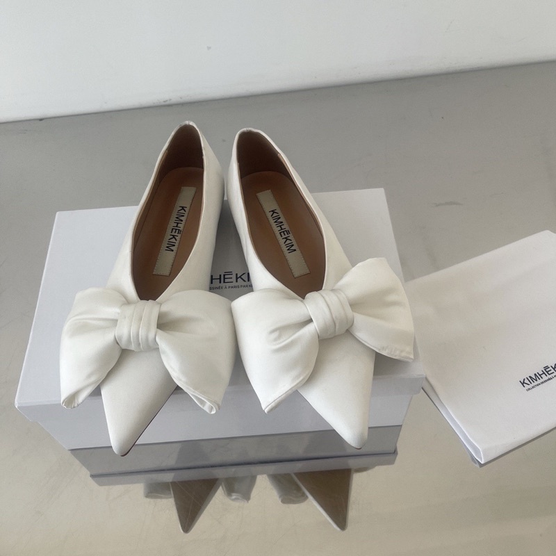 Giày búp bê mũi nhọn đính nơ bản to da thật cao cấp thương hiệu Kimhekim