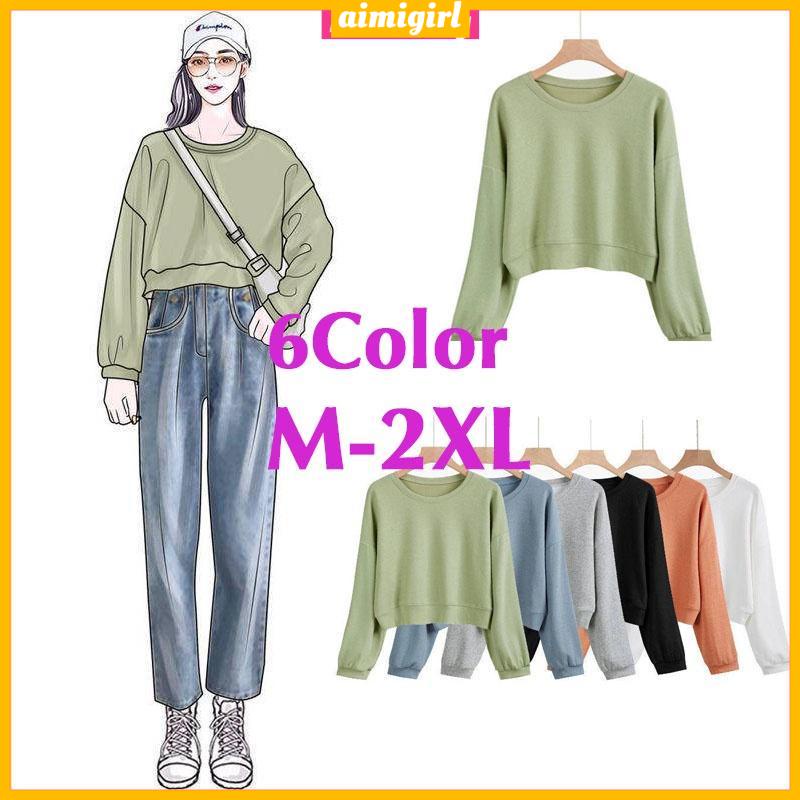 Women Sweatshirt Korean Version Solid Color Plus Size Sweatshirt Temperament Round Neck Long Sleeve Fashion Loose Top