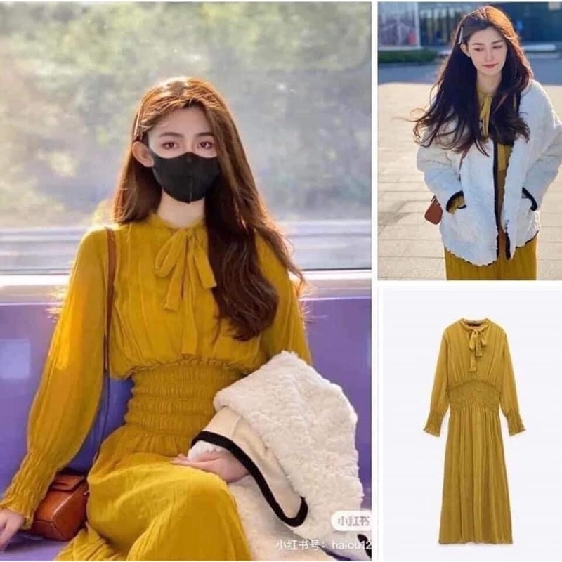 Váy dài tay zara thun eo chuẩn authentic màu vàng mustard