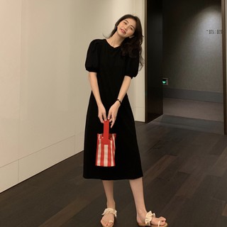 Đầm thun tay bồng dáng dài basic Hàn Quốc