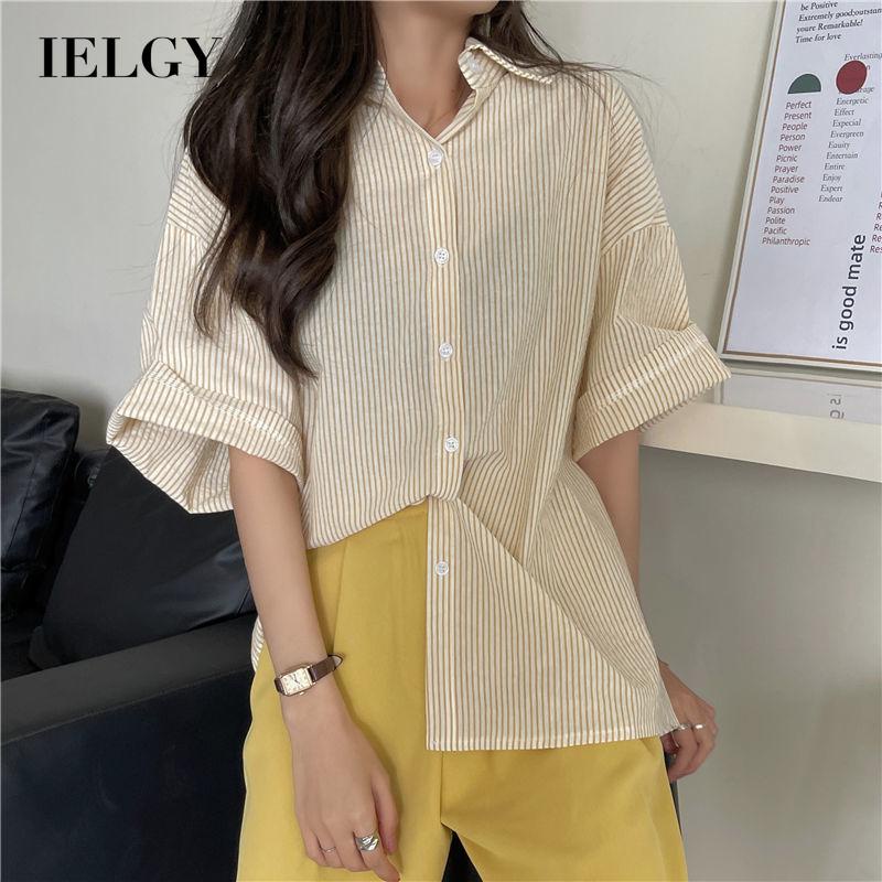 Áo sơ mi IELGY dáng rộng họa tiết kẻ sọc phong cách Hàn Quốc thời trang cho nữ