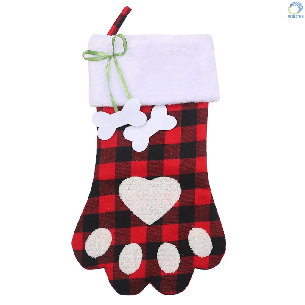 【FLY】Christmas Stockings Red and Black Plaid Dog Paw Stocking Hanging Christmas Tree Gift Bag Candy Bag Christmas Tree Decoration Accessories