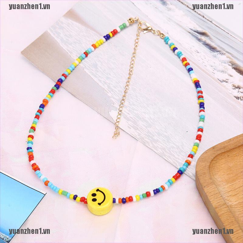 Dây chuyền choker chuỗi hạt nhiều màu mặt cười dễ thương phong cách Bohemian