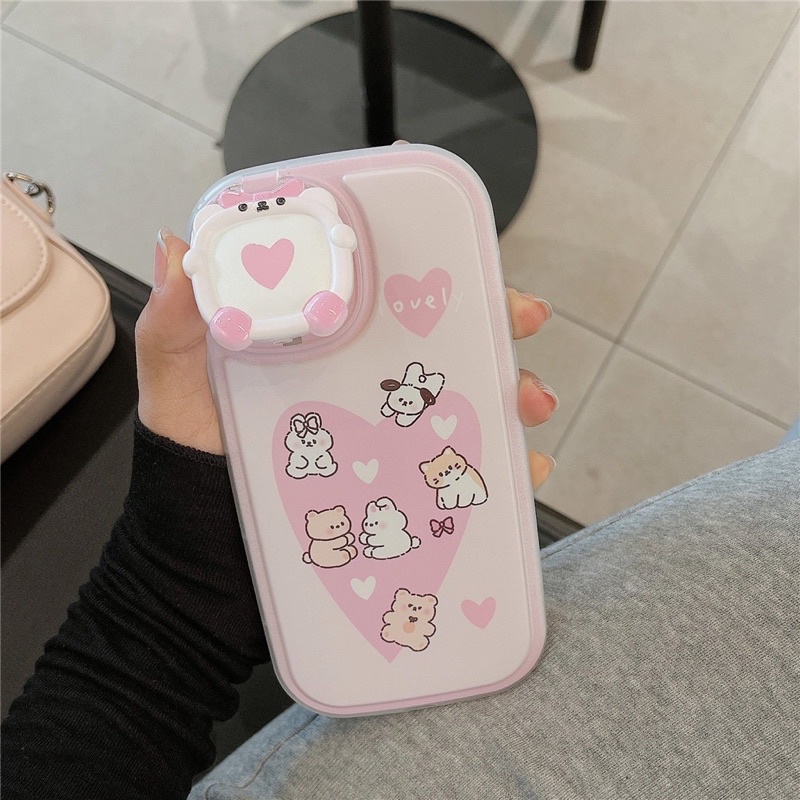 Ốp lưng iphone mềm dẻo viền bo tròn chống sốc gương che bảo vệ camera hoạt hình màu hồng cute