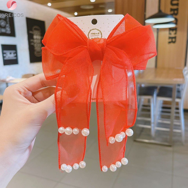 Kẹp Tóc Nơ Voan Tiên Nữ Đính Châu Tua Rua Xinh Xắn Lãng Mạn