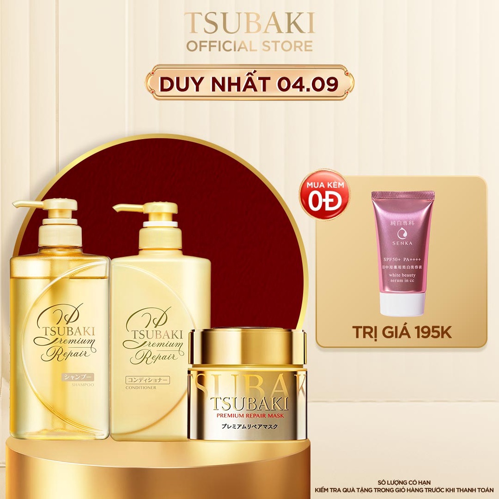 Combo gội xả Phục hồi ngăn rụng tóc Premium Repair (490ml/chai) và Mặt nạ tóc phục hồi hư tổn Tsubaki (180g)