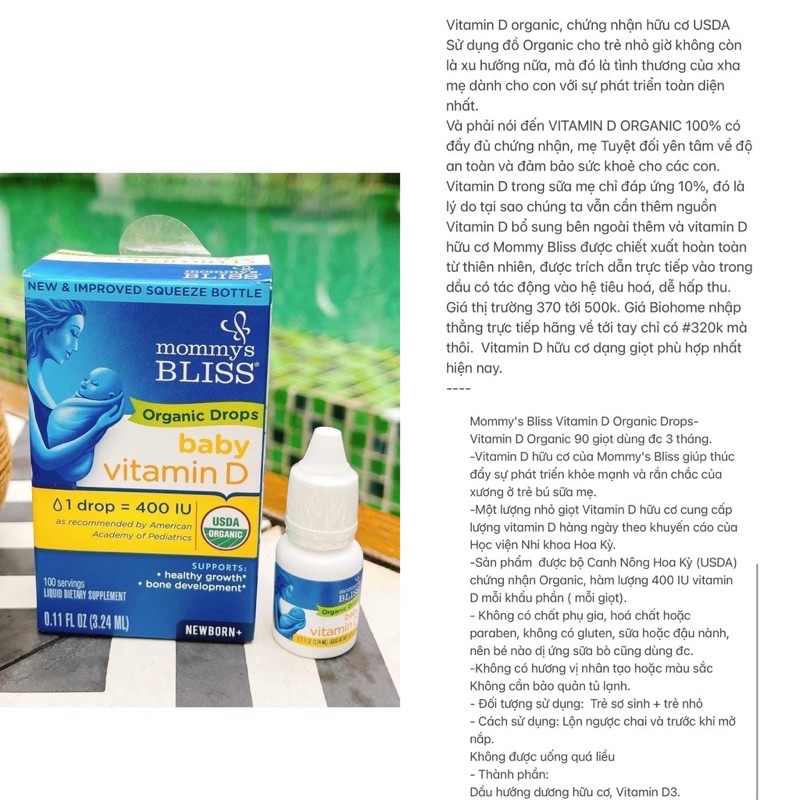 Vitamin D3 hữu cơ Mommy’s Bliss cho từ sơ sinh