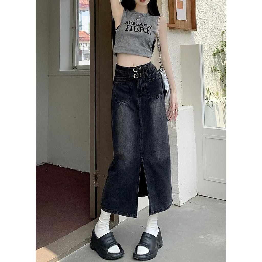 Chân Váy Denim Dáng Chữ A Lưng Cao Phối Thắt Lưng Phong Cách Retro Thời Trang Mùa Hè Hàng Mới 63754