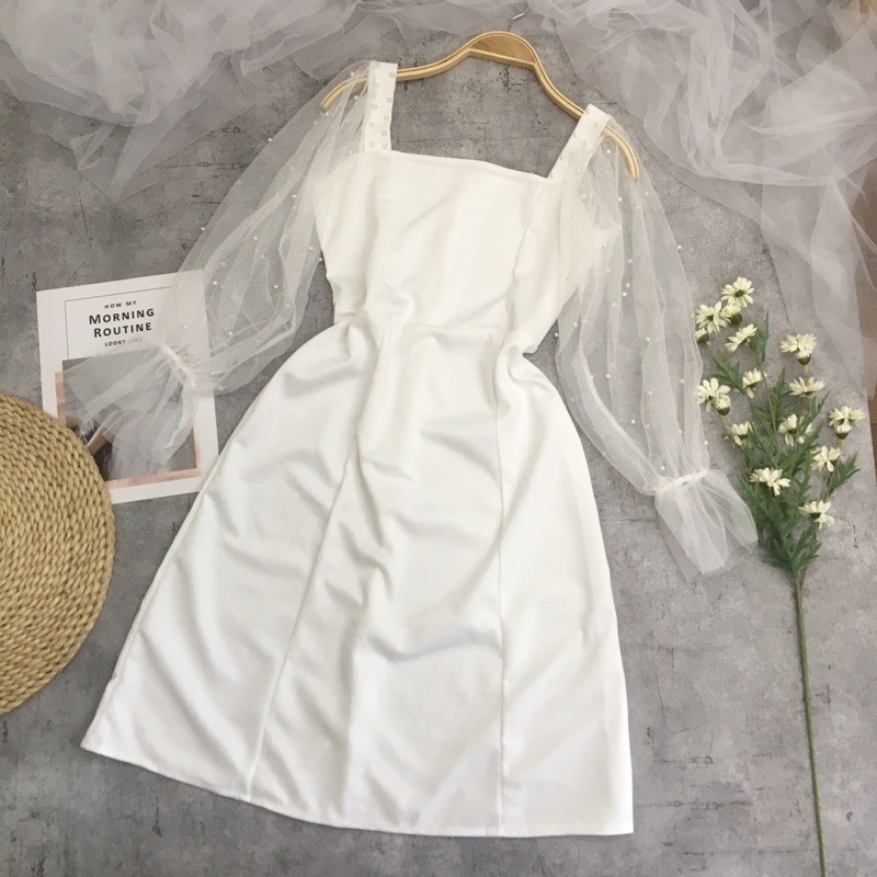 Đầm trắng tay lưới kết hạt, đầm dự tiệc siêu xinh ( Có ảnh thật ) | BigBuy360 - bigbuy360.vn