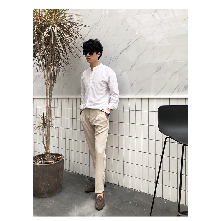 Sơ Mi Đũi Nam Dài Tay Hàn Cổ Tàu trắng ,đen hàng vải Đũi Xước Mỹ cao cấp ôm dáng thời trang trẻ