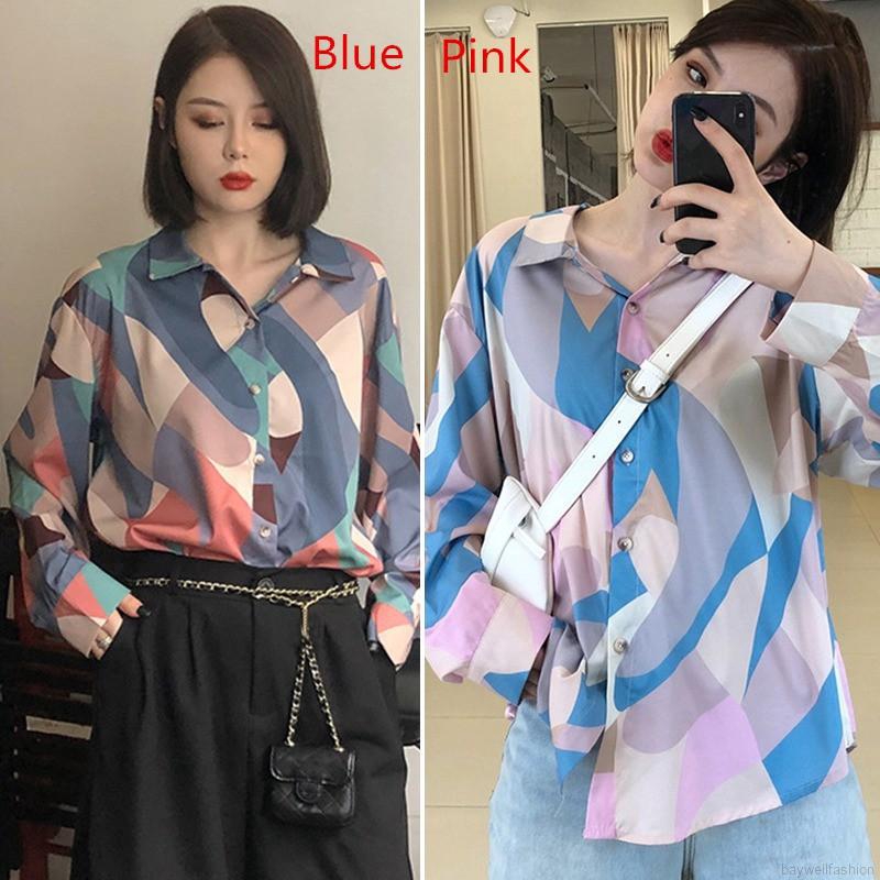 [Baywellfashion]Áo sơ mi chiffon dáng rộng dài tay in hình phong cách retro Hàn Quốc