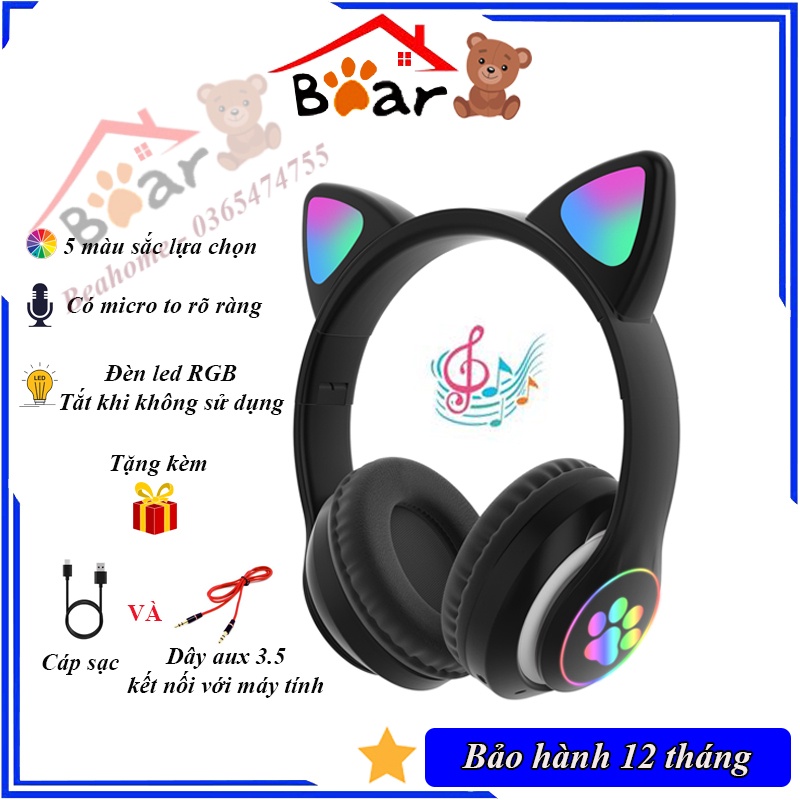 Tai nghe mèo 7 màu kết nối bluetooth, Tai nghe chụp tai tai mèo dễ thương màu hồng có micro đàm thoại. Headphone mèo