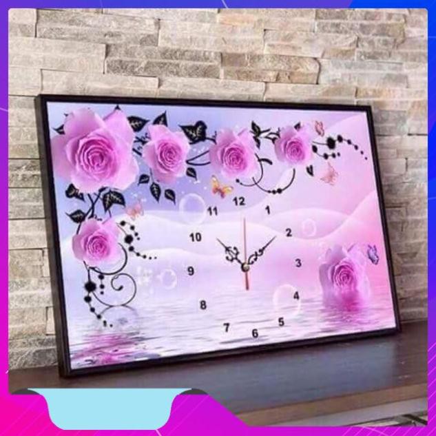 Tranh thêu chữ thập đồng hồ hoa hồng
