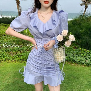 Đầm đuôi cá nhấn eo tay phồng xếp ly thời trang xinh xắn kiểu hàn quốc 2020
