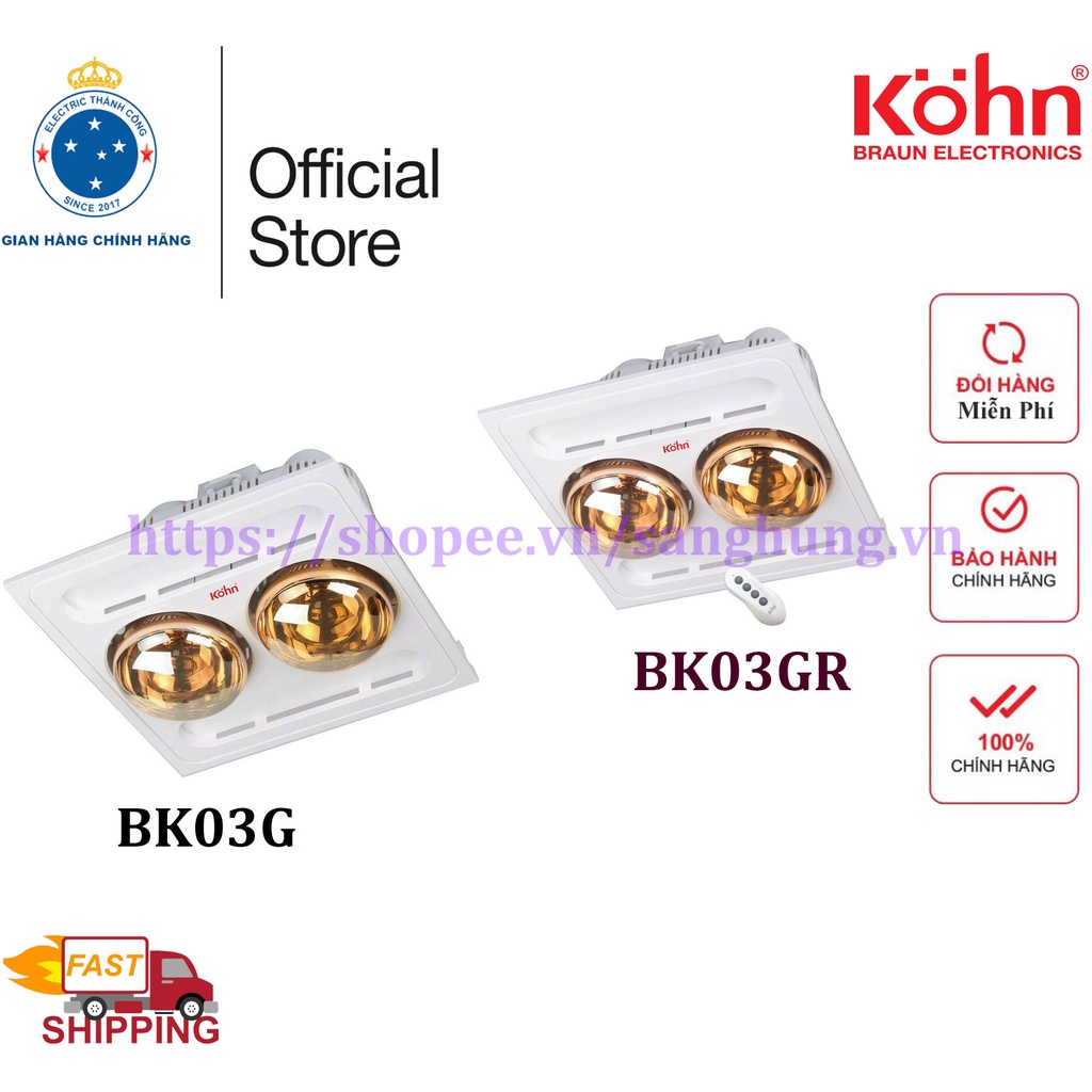 Bảo hành 5 năm - Đèn sưởi nhà tắm Kohn BK03G/R lắp đặt âm trần kích thước 30 x 30 cm