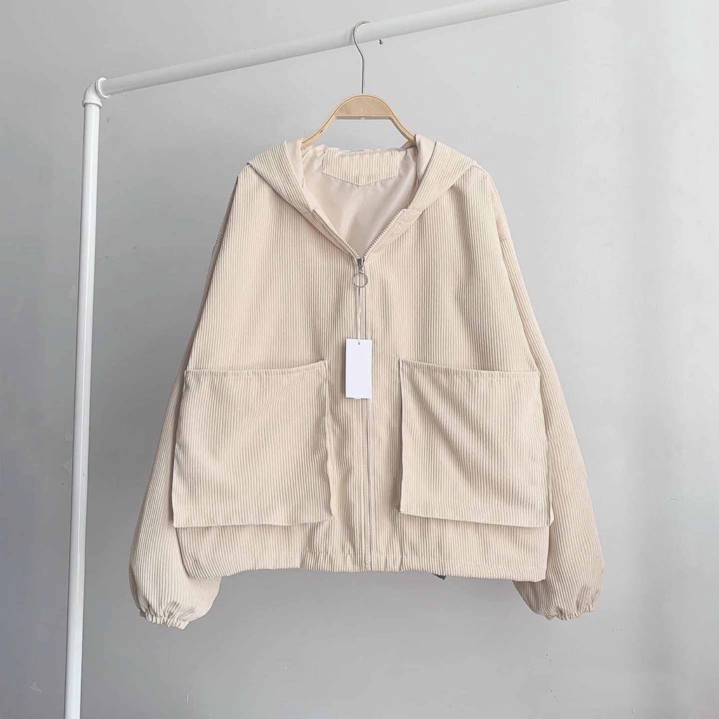 [Ảnh thật] Áo khoác Basic Nhung Gân form rộng cực đẹp Kiểu Túi Hộp Lớn Nón Rộng Chống Nắng