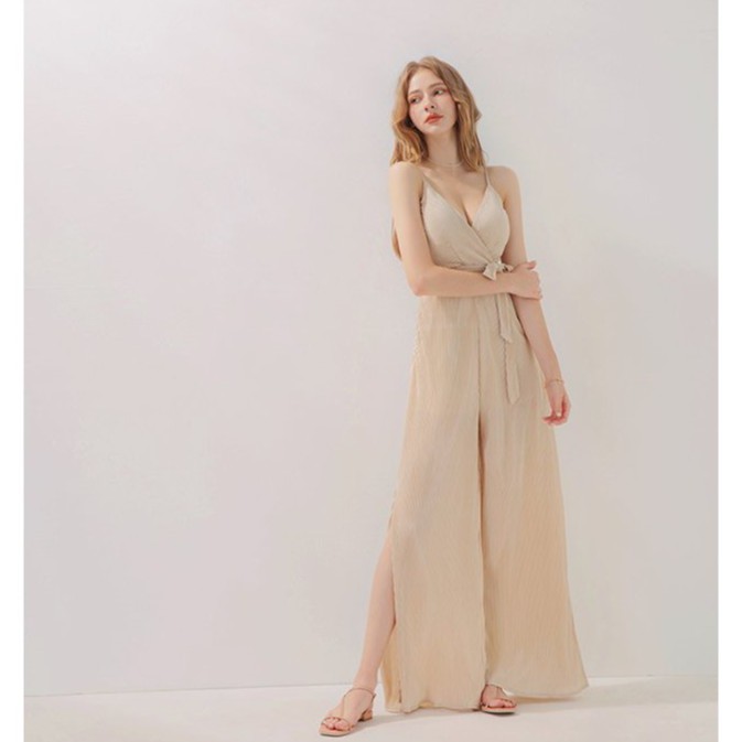 [Mã FAMALLT5 giảm 15% đơn 150k] Jumpsuit dài satin 2 dây thắt nơ eo Nữ Air Space 2030111008