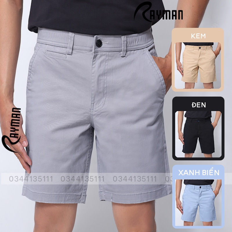 Quần Short Kaki Nam Lưng Thun RAYMAN Quần Đùi Nam Ngắn Trơn Màu Đen, Xám, Rêu