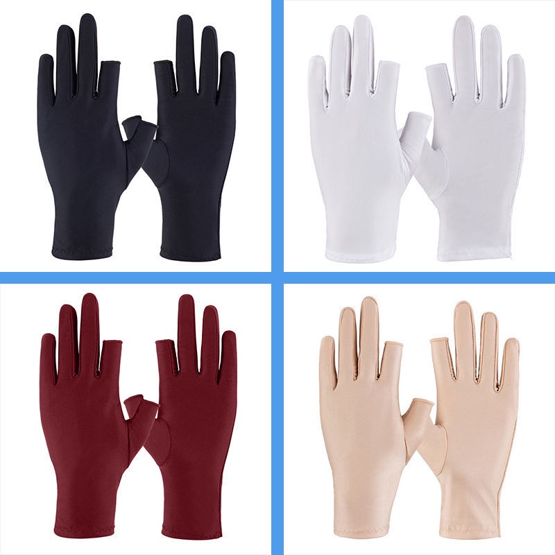 Găng tay hở ngón 2 lớp bằng lụa lạnh mỏng thoáng khí chống trượt chống nắng tiện lợi cho nữ