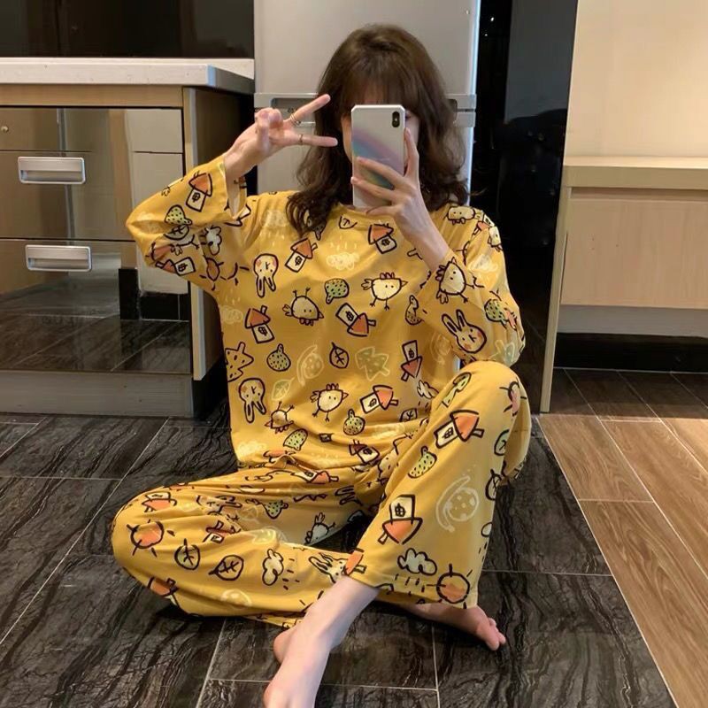 Đồ Bộ Pijama Thun Sữa Tay Dài Quần Dài In Hình Dễ Thương Form Dưới 60KG