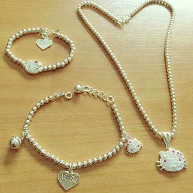 Bộ vòng cổ, lắc tay, chân bạc ta mèo hello kitty cho bé gái- có ảnh thật