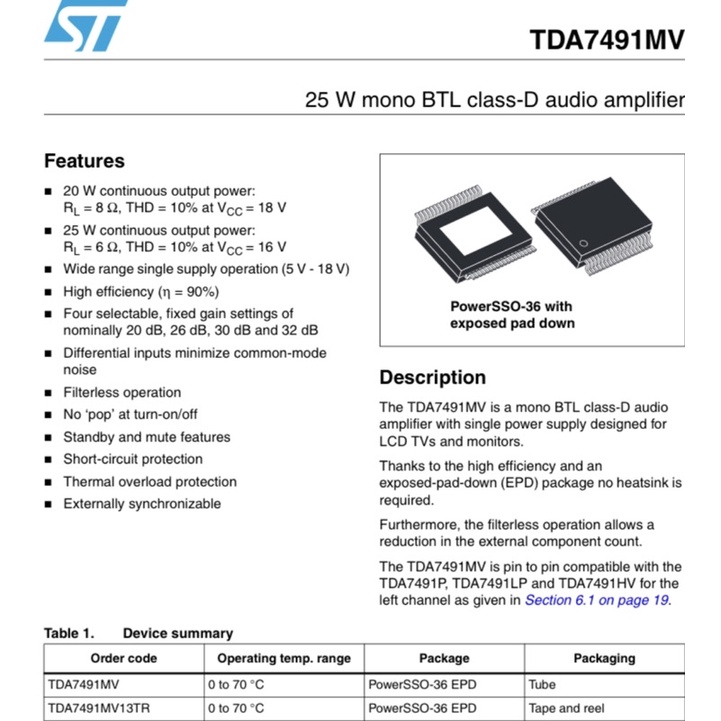 Mạch khuếch đại âm thanh mono class D TDA7491MV 25w