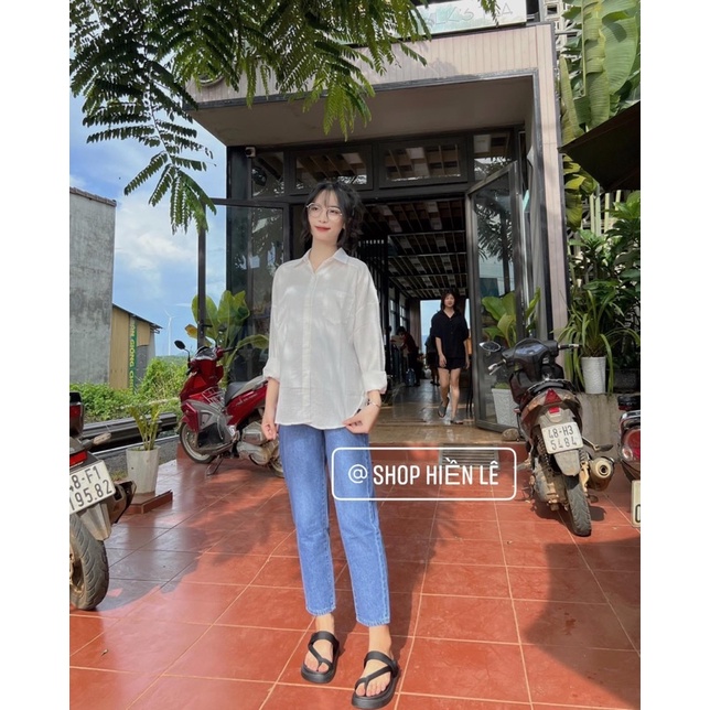 Set baggy jeans trơn xanh + sơ mi tay dài 1 túi