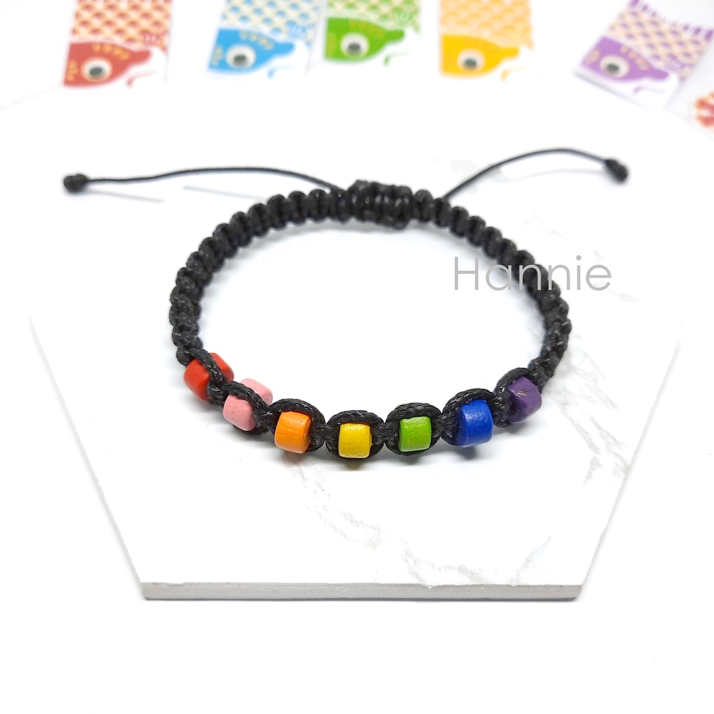 (Trắng/Đen) Vòng tay hạt gỗ cầu vồng rainbow - Dây đeo tay nam nữ đơn giản