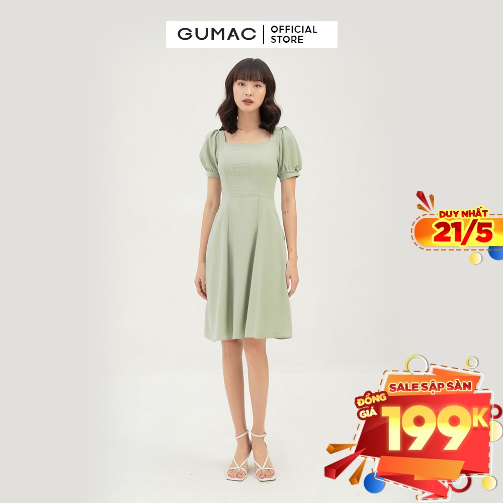 [Mã MABR07062 giảm 8% tối đa 50K đơn từ 249K] Đầm xòe nữ cổ vuông dằn chỉ GUMAC màu xanh trơn DB345 | BigBuy360 - bigbuy360.vn
