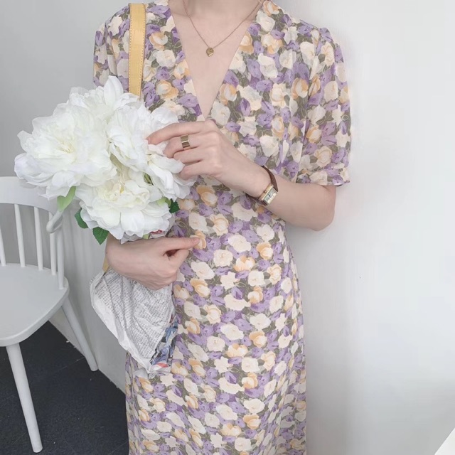 Đầm hoa cổ v dáng dài 🌸