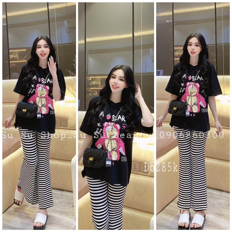 Set áo cotton gấu quần sọc ống loe - HN Closet