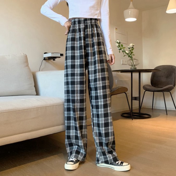 Quần Kẻ Caro , Quần Culottes Kẻ Ống Rộng Cạp Cao Siêu Hot