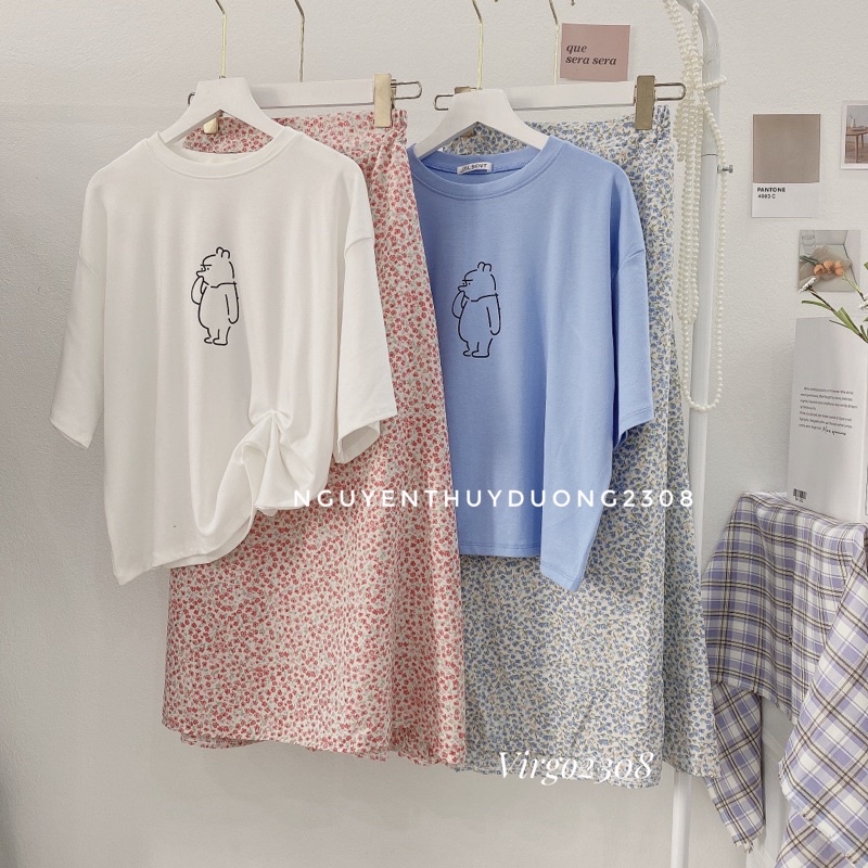[HÀNG SẴN]SET ÁO PHÔNG MIX CHÂN VÁY MIDI HOA NHÍ VINTAGE