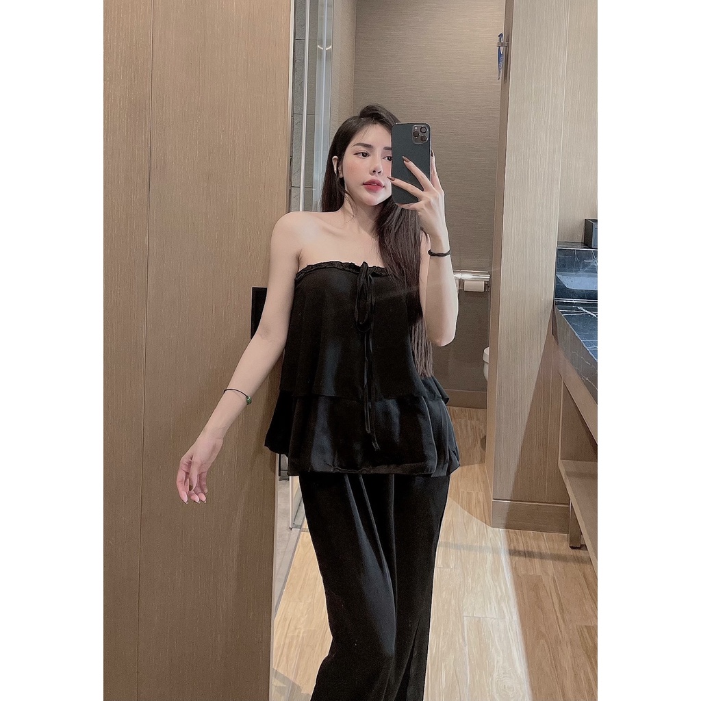 Đồ mặc nhà 2 dây yếm Sexy lụa slatin Siêu Mát