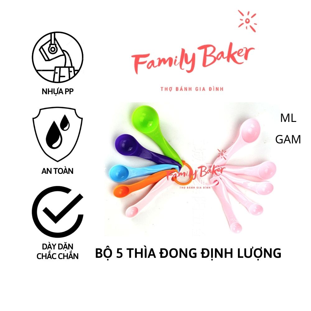 Bộ thìa đong, muỗng đong định lượng 5 chiếc nhiều màu bằng nhựa dùng đo lường phụ gia làm bánh