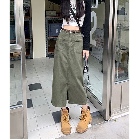 Jiashucheng Chân Váy Denim Chữ a Lưng Cao Dáng Ôm Xẻ Tà Phong Cách Retro Mùa Thu Mới Cho Nữ