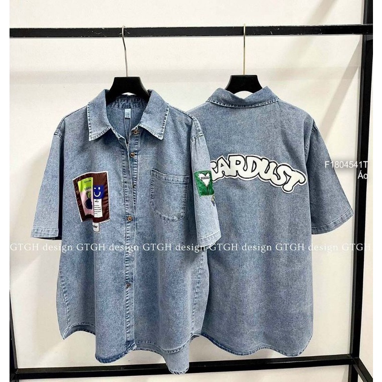 Áo sơ mi jean túi đắp tag hình tay ngắn