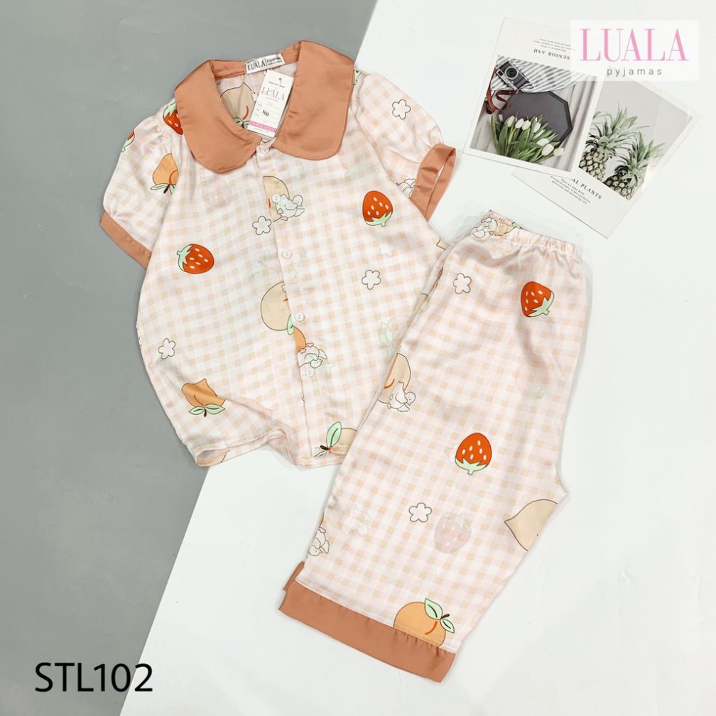 Bộ Ngủ Lụa Satin Ngố Dâu Tây Kẻ hồng Pijama Boody BP04