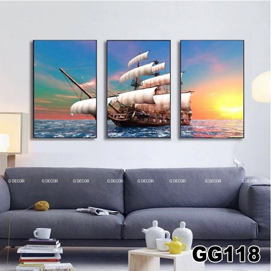 Tranh treo tường canvas 3 bức phong cách hiện đại Bắc Âu 180, tranh biển xanh trang trí phòng khách, phòng ngủ, spa