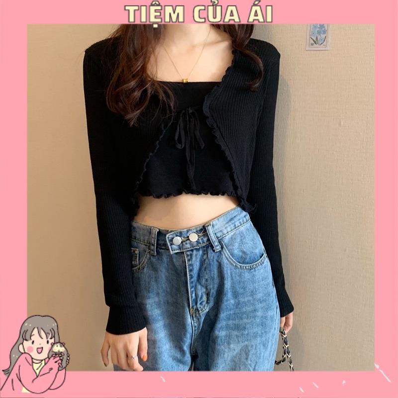 🌱 Áo cardigan khoác cột dây croptop - Set áo 2 dây và khoác 🌱
