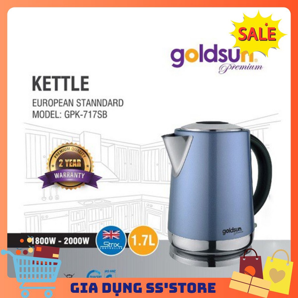 ️Ấm đun nước🎉FREESHP️🎉 Ấm Siêu Tốc Goldsun GPK717SB, 1.7L- Màu Xanh,ngắt tự động,mâm nhiệt phẳng,ruột bình inox