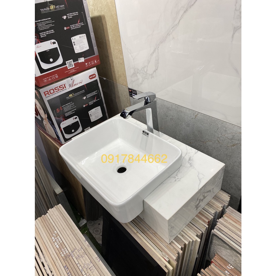 Combo chậu lavabo rửa mặt bán âm chữ nhật + vòi nóng lạnh + bàn đá trắng khói cho nhà vệ sinh nhỏ