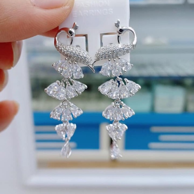 Bông tai con công xoè đuôi bạc thật mạ vàng trắng và nguyên chất