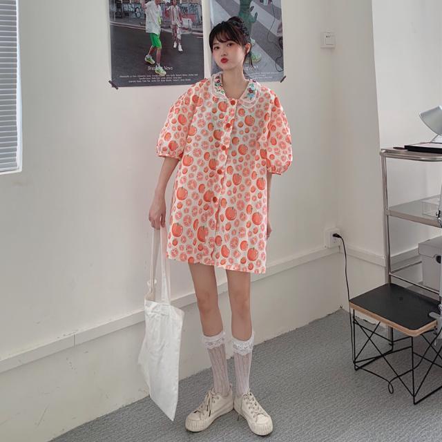 Áo sơ mi cổ búp bê tay phồng thêu họa tiết thời trang đáng yêu