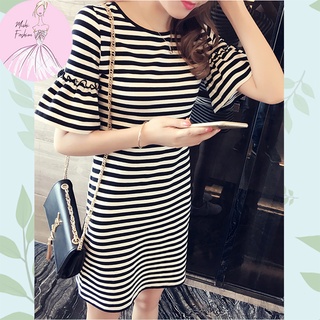 Váy công sở Đầm Sọc ngang Trẻ Trung Đi Dự Tiệc Cưới Hàn Quốc Nữ Cao Cấp, Vải Cotton Màu Đen Trắng