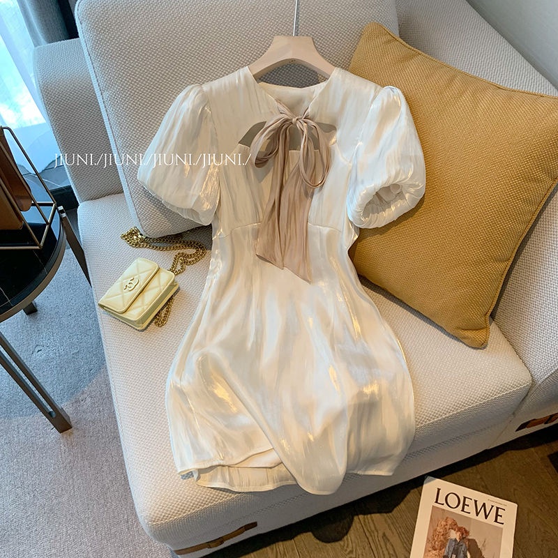 Đầm Nữ Thắt Nơ Eo Bằng Satin Đính Ngọc Trai Phong Cách Mới Thời Trang Mùa Hè