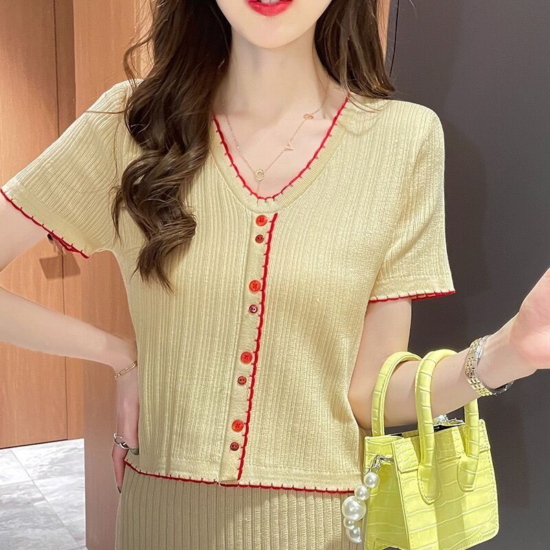 Áo Dệt Kim Tay Ngắn Cổ Chữ v Chất Liệu Lụa Mát Cao Cấp Thời Trang