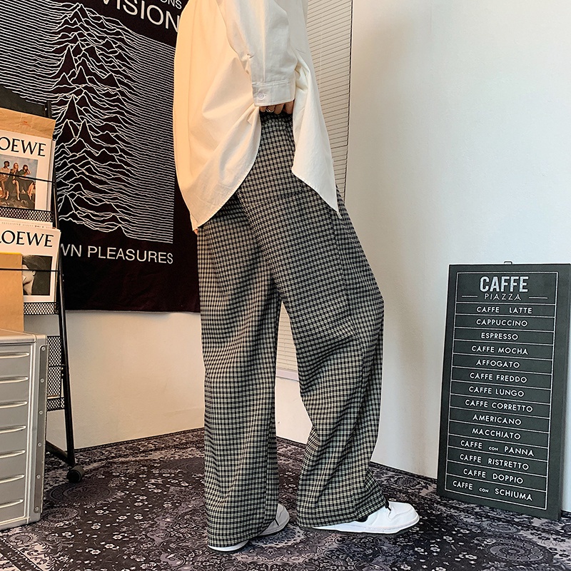 Quần ống rộng họa tiết kẻ caro phong cách retro Mỹ