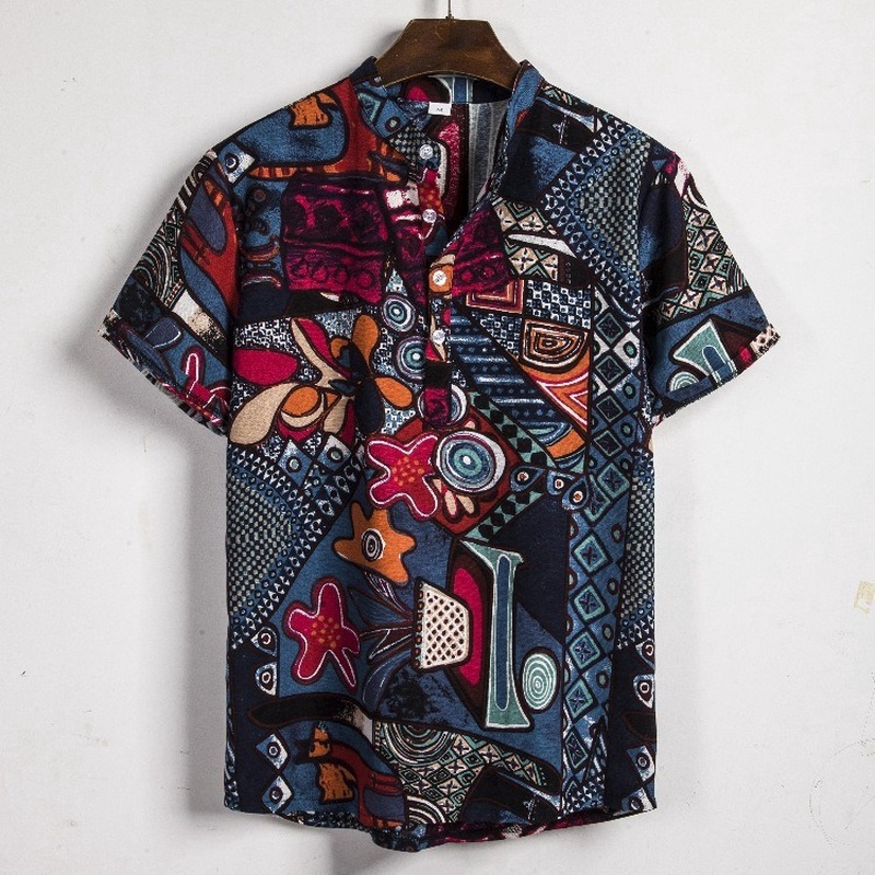 African National Style Dark Flower Series Linen Stand Collar Short Sleeve Shirt | BigBuy360 - bigbuy360.vn