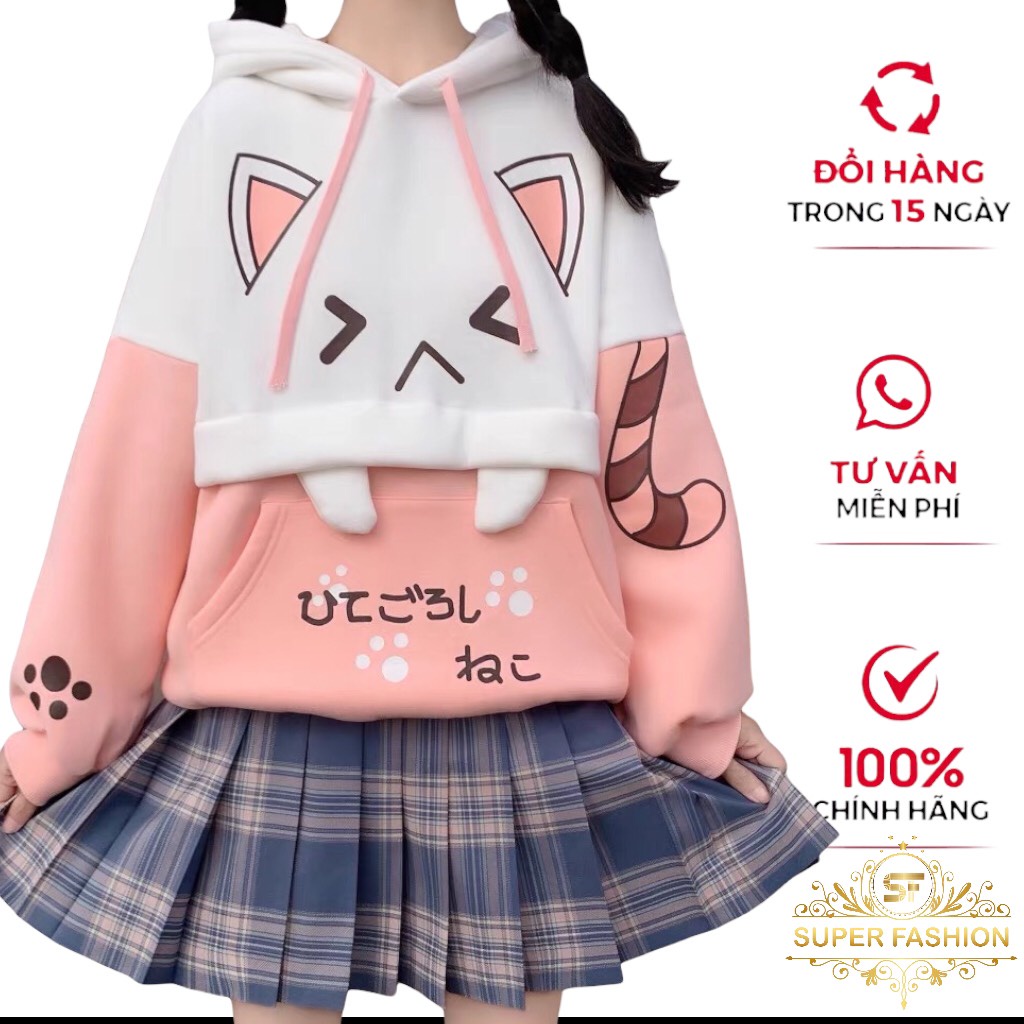 Áo Hoodie Nữ Phối Họa Tiết Mèo Cute [SUPER FASHION]